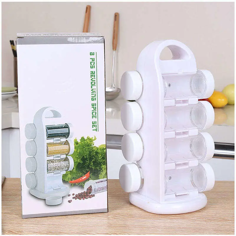 Kitchen Jar Rack 8 in 1 Plastic Seasoning Storage Box Rotating Spice Shelf