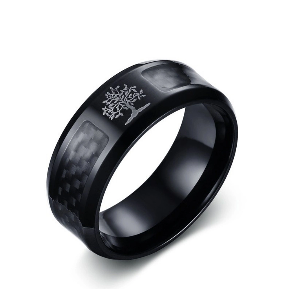 8mm Stainless Steel Carbon Fiber Life Tree Ring Black Retro Personality Ring