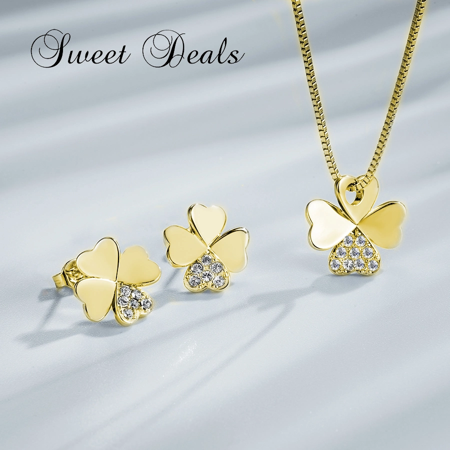 Four Leaf Clover Earrings Necklace Set Fashion Sliver Jewelry