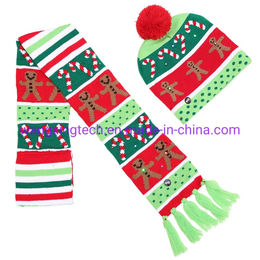 Wholesale Christmas Beanie Hat Adult Children Colorful Ball Hat Scarf Christmas LED Lights Knitted Hat Winter Caps and Scarf 2 Piece Set