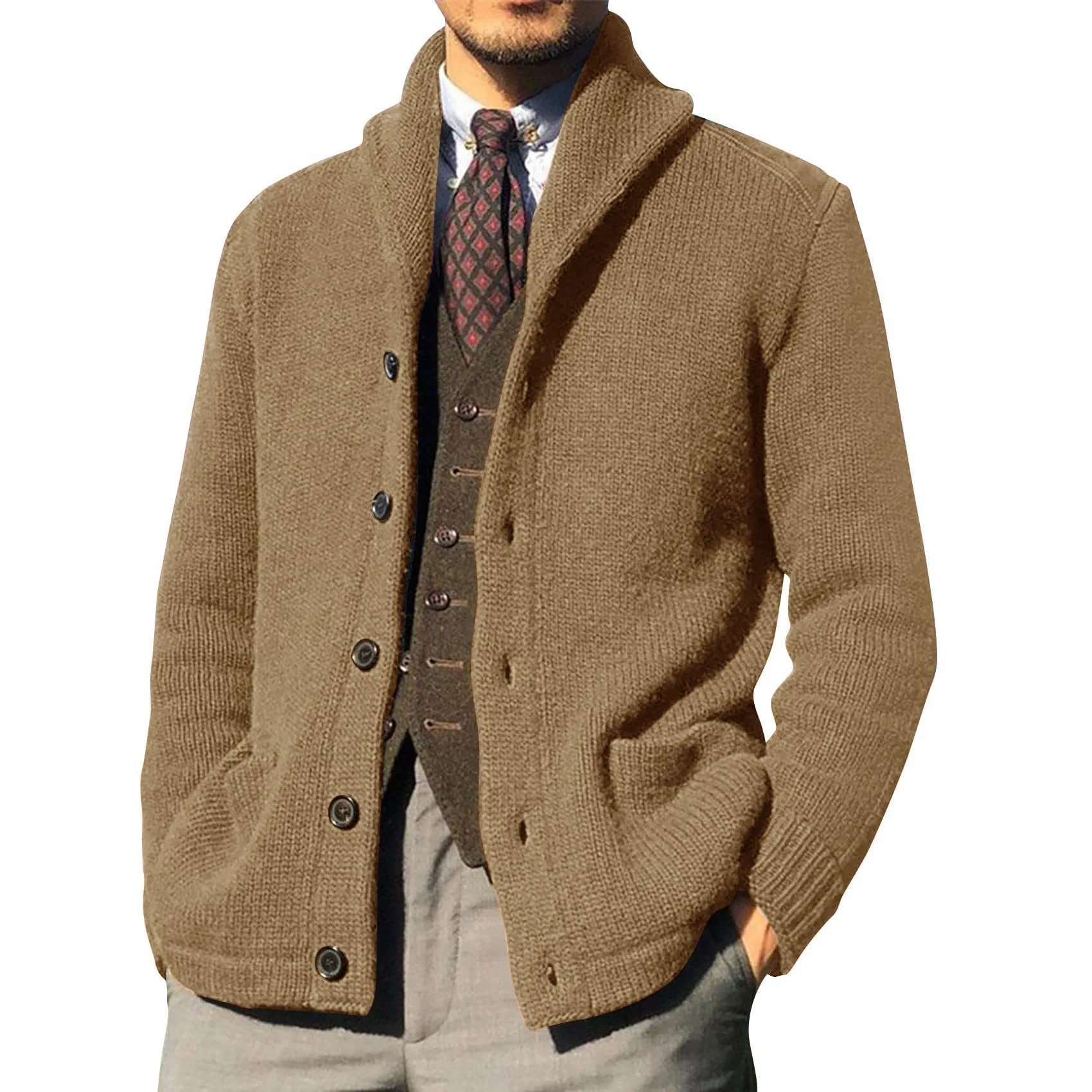 Men's Single Breasted Button Knitted Cardigan Winter Stand Collar British Style Sweater Coats