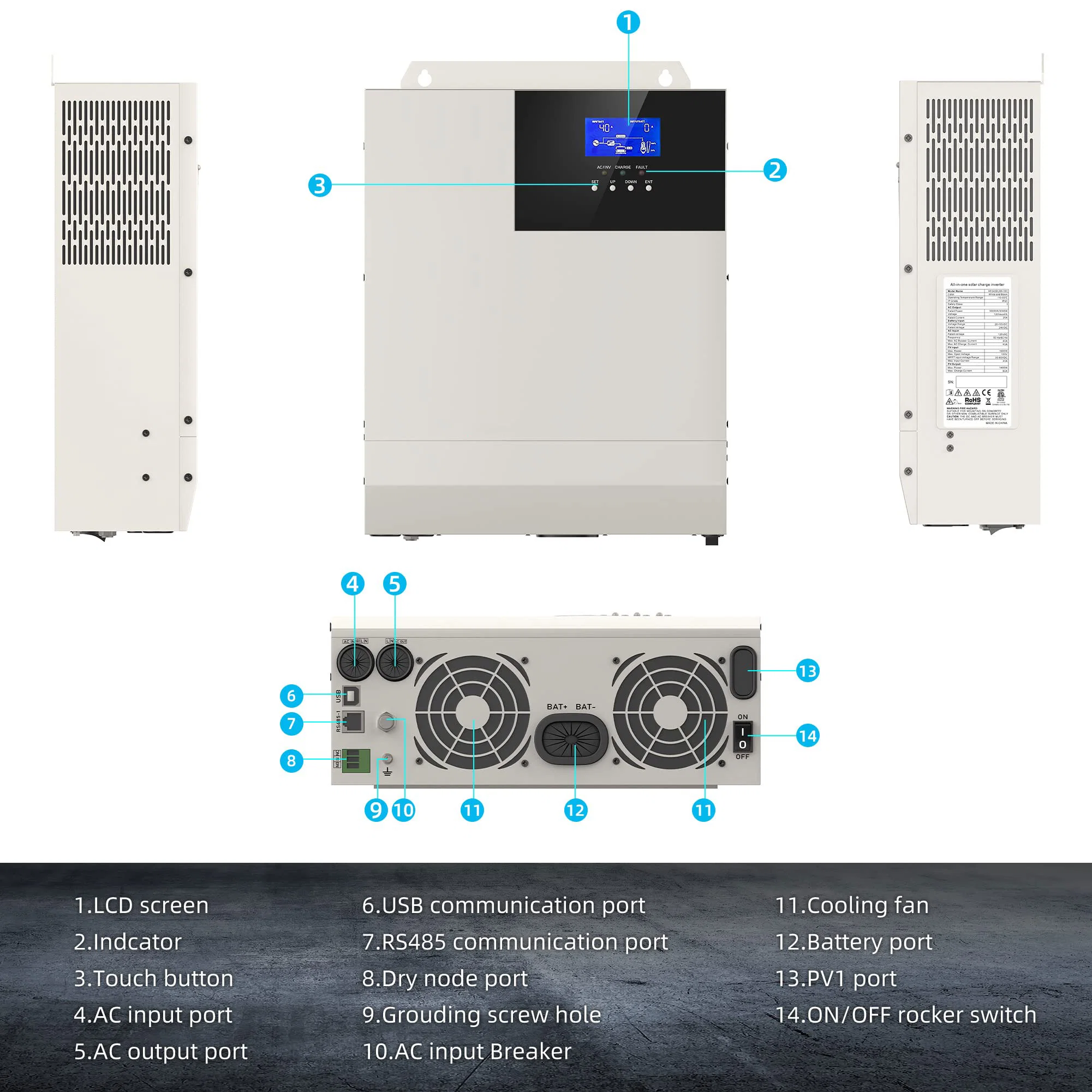 48V 5000W Hybrid Solar Inverter 48V DC to AC 110V Pure Sine Wave off-Grid LED Inverter, 80A MPPT Solar Charge Controller