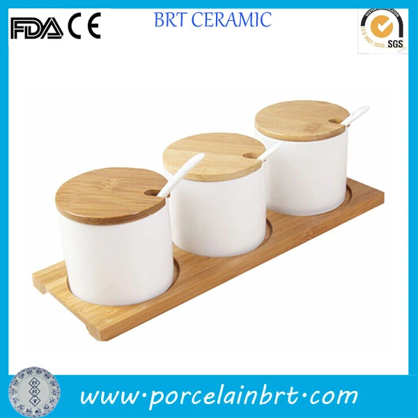 Kitchen Spice Canister Ceramic Condiment Jar Set with Wood Saucer