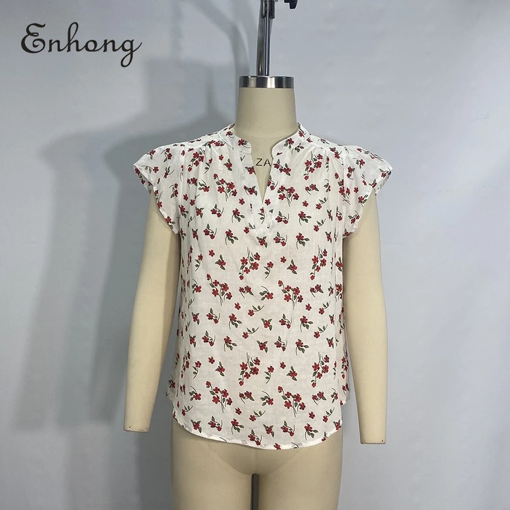 Custom Summer New Short Sleeve V-Neck Floral Print Lady Tops