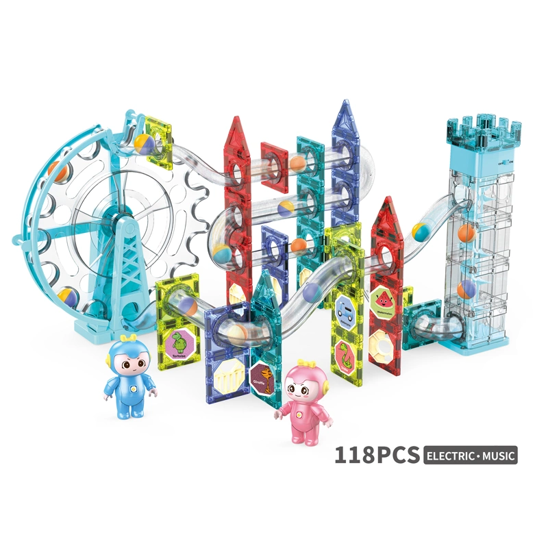 Kunststoff 3D Transparent Rohr Rennbahn Bausteine Spielzeug Kinder Magnetische Fliesen Marmor laufen Kinder Magnetblock mit Musik