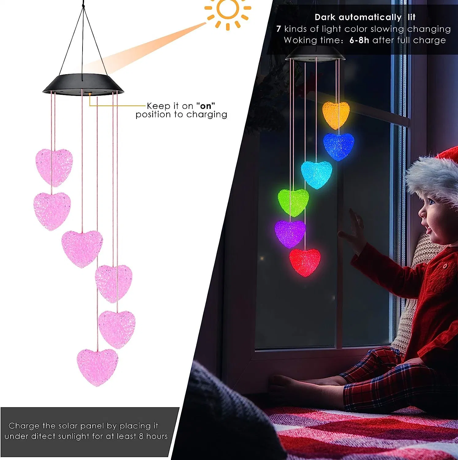 Herz Solar Wind Chimes Outdoor, LED Solar Wind Chimes Farbe ändern Mobile Wind Chime Wasserdicht Solar Lighs Home Dekoration Geschenk