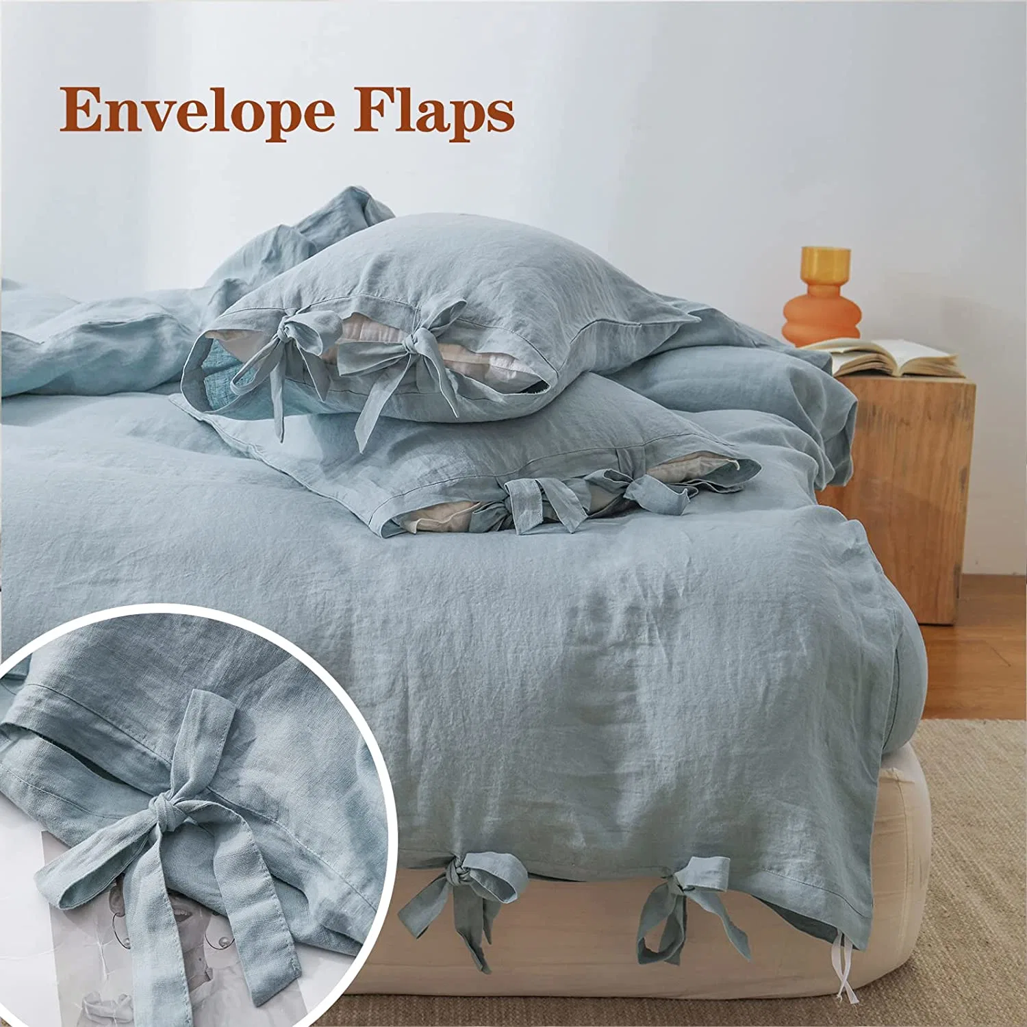 100% Linen Duvet Cover Set, 3 Piece Belgian Flax Breathable Bedding