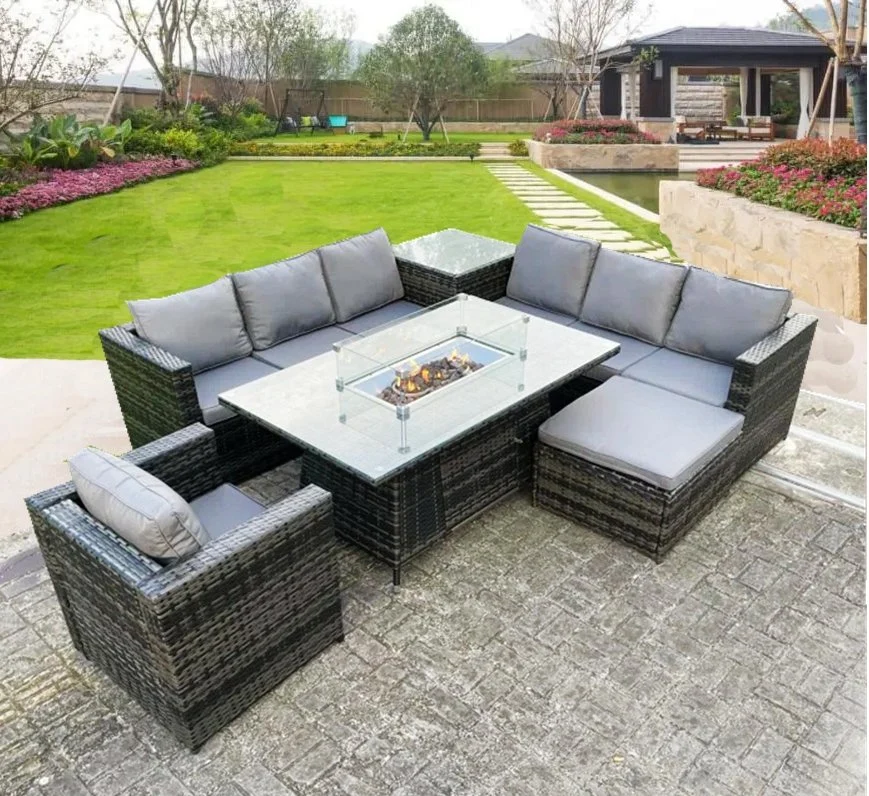 Outdoor Patio Rattan Garden 8-Seater Fire Pit Dining Set Furniture