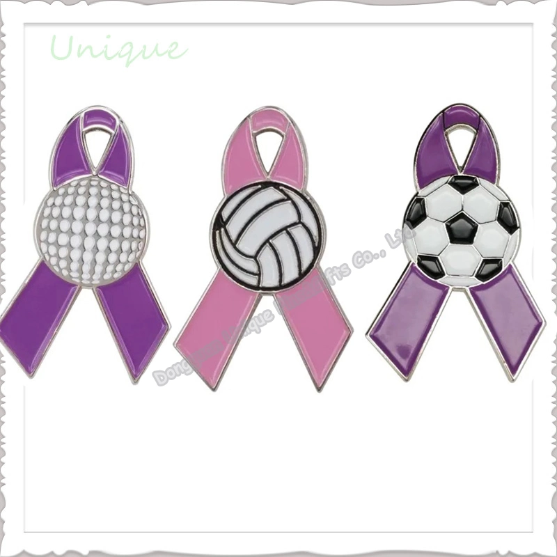 Cheap Free Sample Breast Cancer Pink Ribbon Lapel Pin, Enamel Cancer Awareness Metal Emblem with Basket Ball Footall Logo for Souvenir Gifts