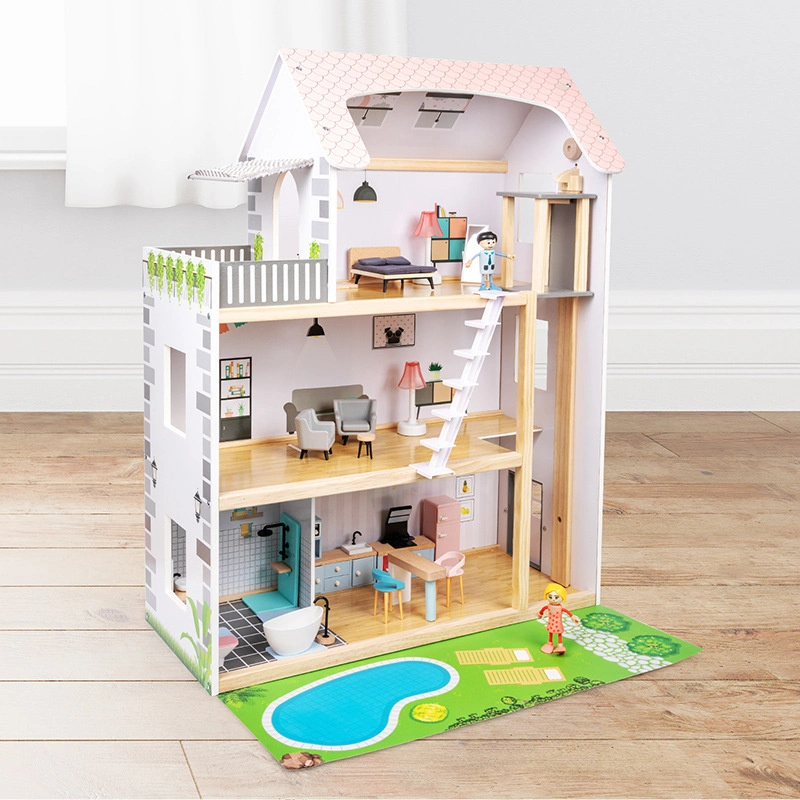 Children Simulation Pretend Wooden Doll House Kids Role Play Toy Three Layer Wooden Villa Baby Educational Wooden Toys