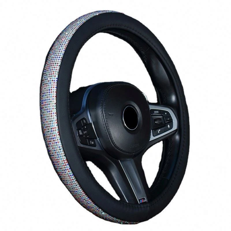 Interior Charm Short Plush Rainbow White Green Blue Shining Diamond Rhinestones Crystal Bling Car Steering Wheel Cover for Women