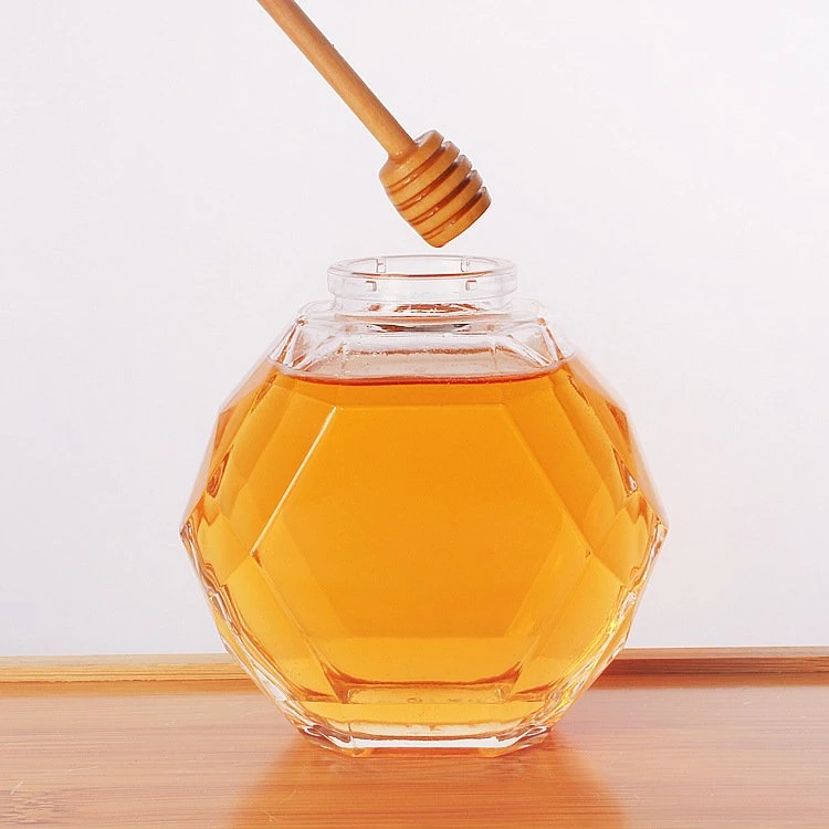 Wholesale/Supplier Hexagon Honeycomb Glass Container Storage Bottle with Metal Lid Food Storage Bottle Glass Honey Jar