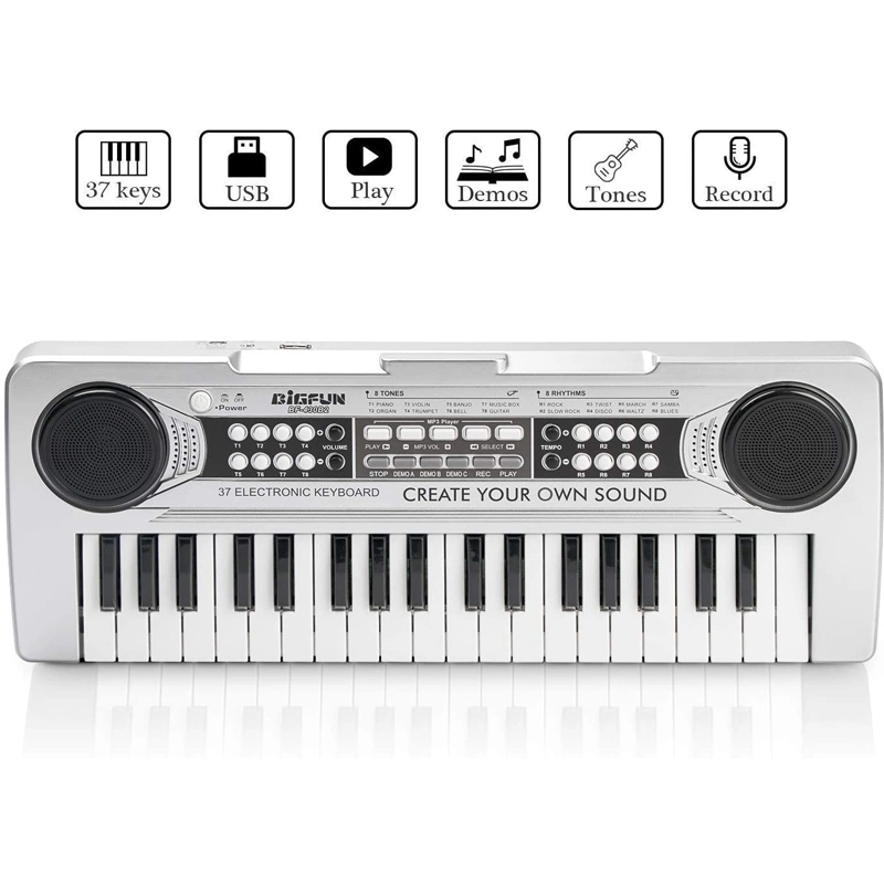 Kids Silver 37 Keys Portable Electronic Musical Instrument Multi-Function Music Piano for Kids Early Learning Educational Toy Birthday Xmas Gifts Keyboard