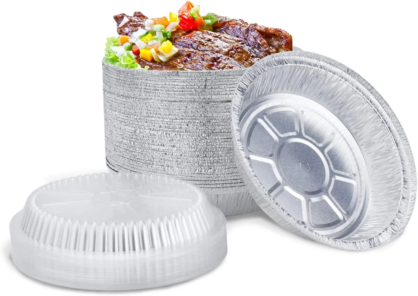 Recipiente de alumínio redondo de 7 polegadas com tampa plana em alumínio Caixa de película de 750 ml, folha de alumínio, plástico, recipientes para alimentos, tampas de vedação