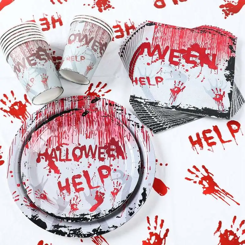 Vaisselle jetable Ensemble de gobelet en papier main sanglante Assiette Décoration de fête d'Halloween Fournitures