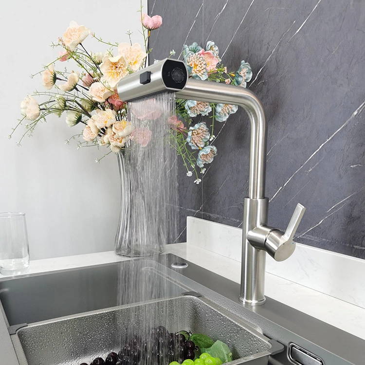 Sainpro Nouveau Design Cascade 304 Robinet Mélangeur d'eau chaude et froide en acier inoxydable avec 3 fonctions Pomme de douche extractible Évier Robinet de cuisine.