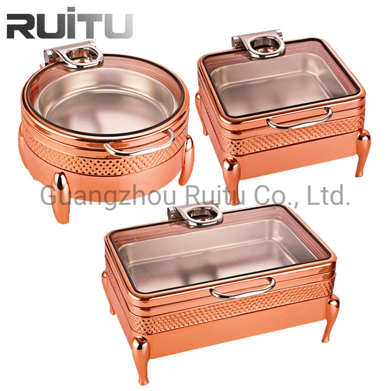 Italia 304 Acero Inoxidable oro rosa Buffet Ejecutivo establezca los roces plato hecho a mano martillado de gran forma de triángulo de latón termo Pirámide de cobre de triple plato rozamiento