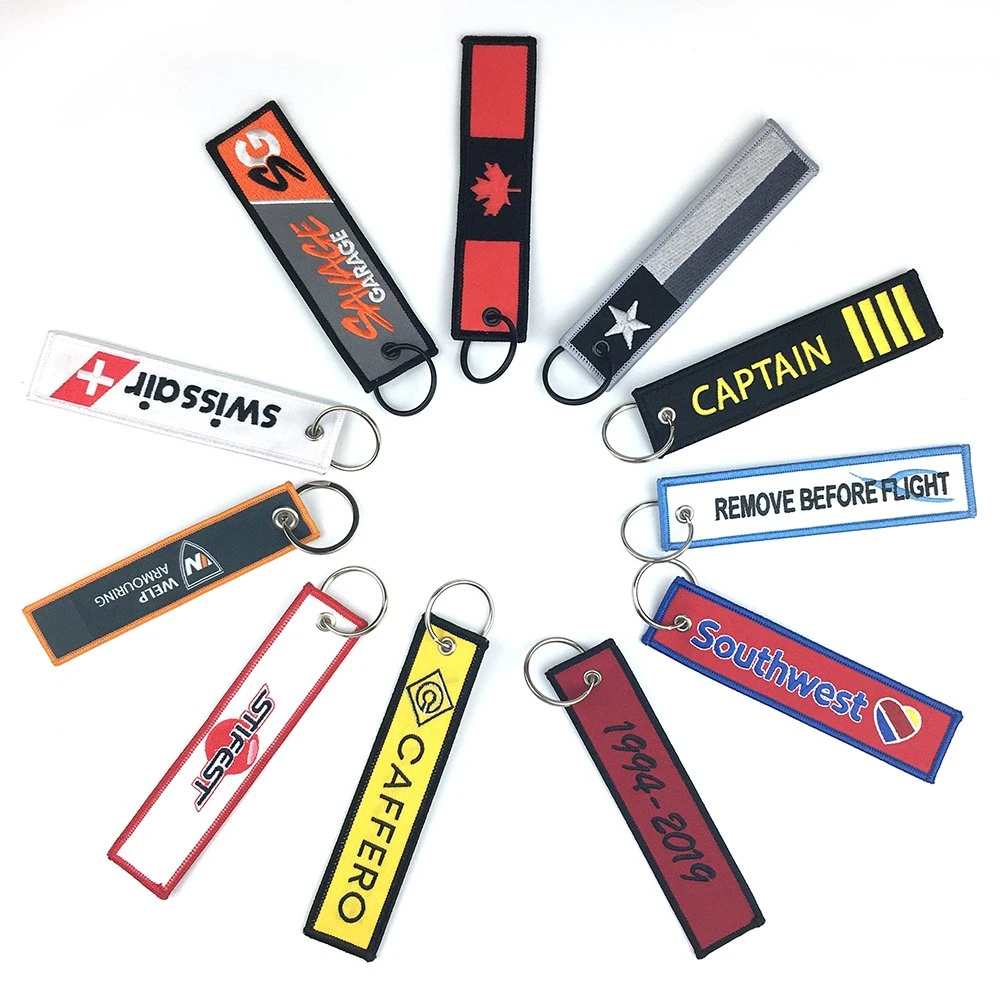 Wholesale Cheap Customized Personalized Fabric Patch Key Chain Key Ring Custom Woven Label Embroidery Keychain