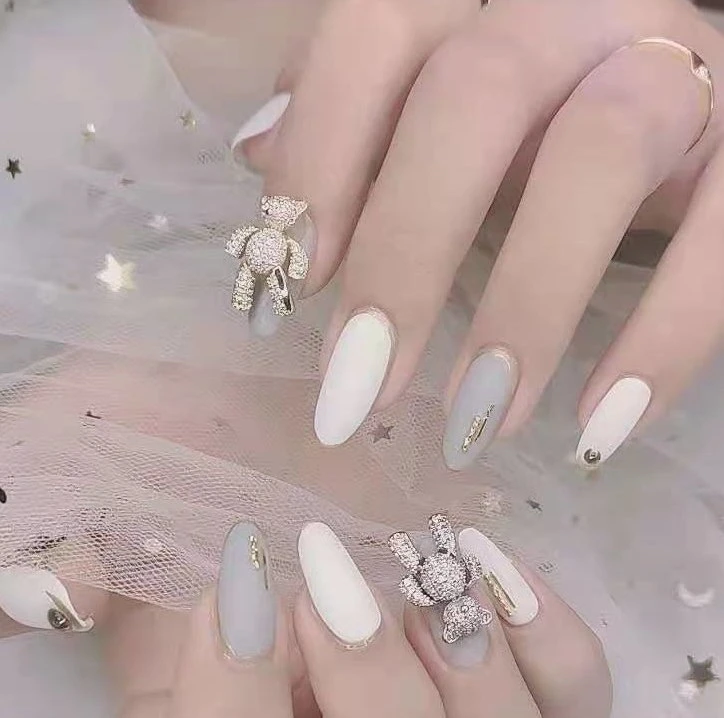 Ursinho Crystal Diamond Gold Luxury Nail Art encantos