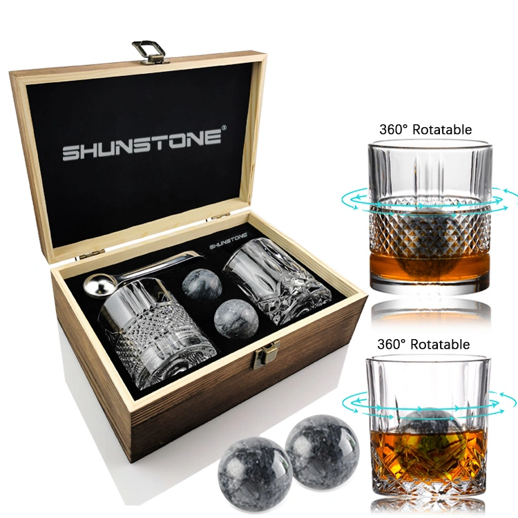 Tumblers Modern Rotate Wine Glass Crystal Whiskey Glass Whiskey Stones Ball Gift Set with Wooden Box for Man