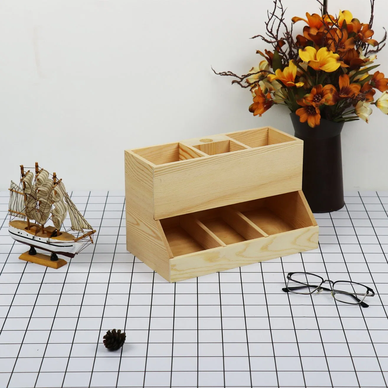 OEM ODM Handmade Unfinished Solid Pine Wooden Desk Organizer Box