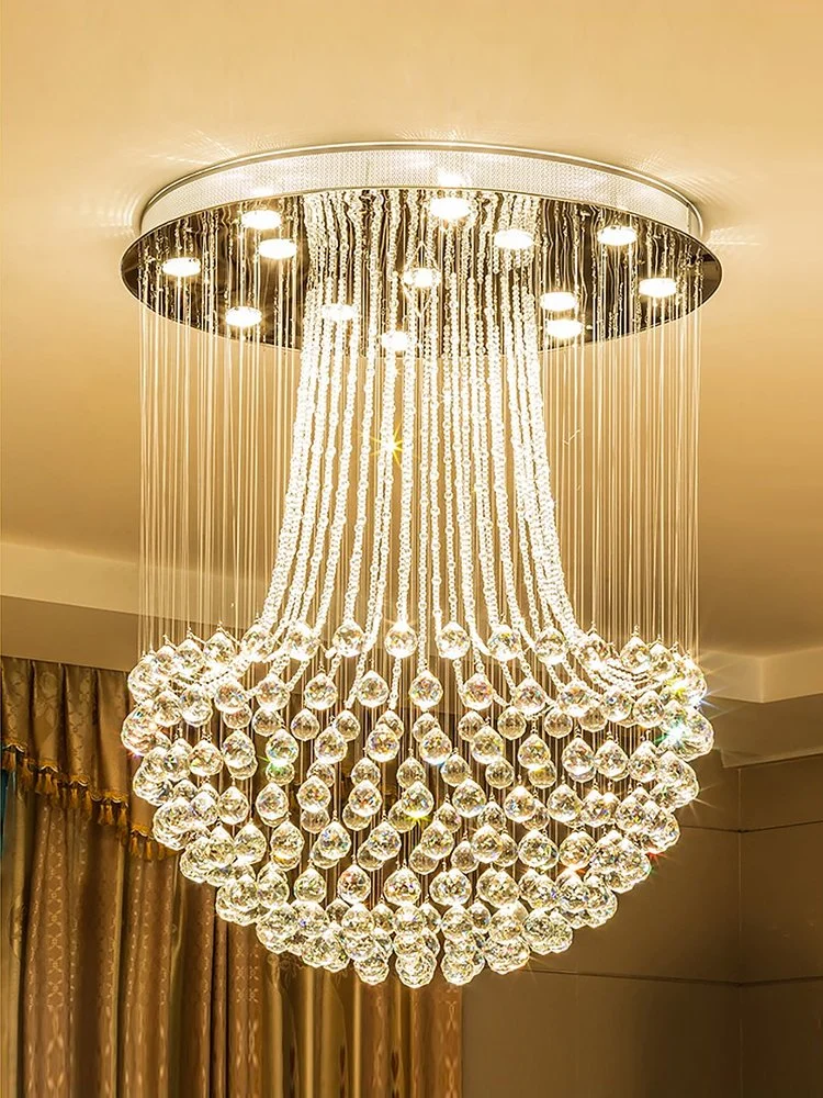 Modern Ceiling Light Luxury Gold Crystal Lustre crystal Round Rain Drop LED Chandelier Pendant Light Stair Chandelier Lighting