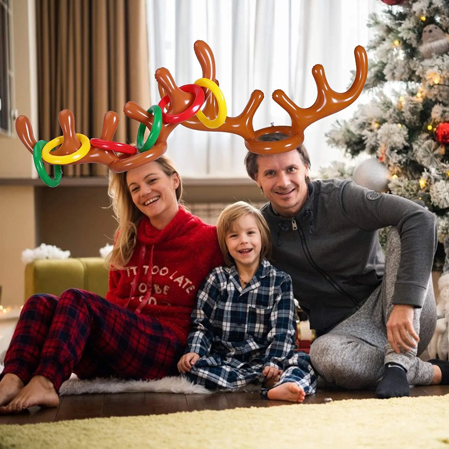 Family Christmas Party Games Inflatable Reindeer Antler Game Hat with Rings