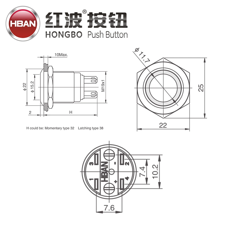 Flat Round Head IP67 Waterproof Ring Illuminated Momentary Switch Push LED Button 19mm