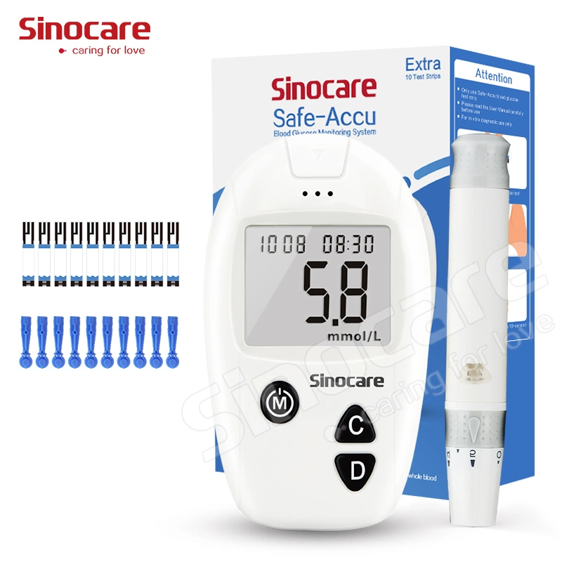 Sinocare Safe Accu جهاز قياس السكر في الدم المحمول لمرضى السكري مع 10 قطع من أشرطة الاختبار