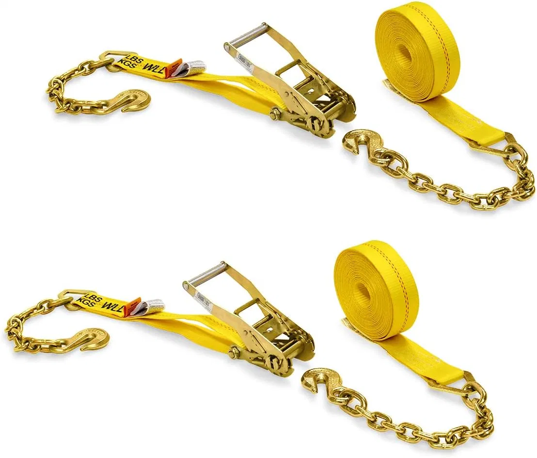 Two 2-in. X 27-Ft. Heavy-Duty Ratchet Straps with Chain Ends and Grab Hooks, 10,000 Lbs. Break Strength | Chain TieDowns