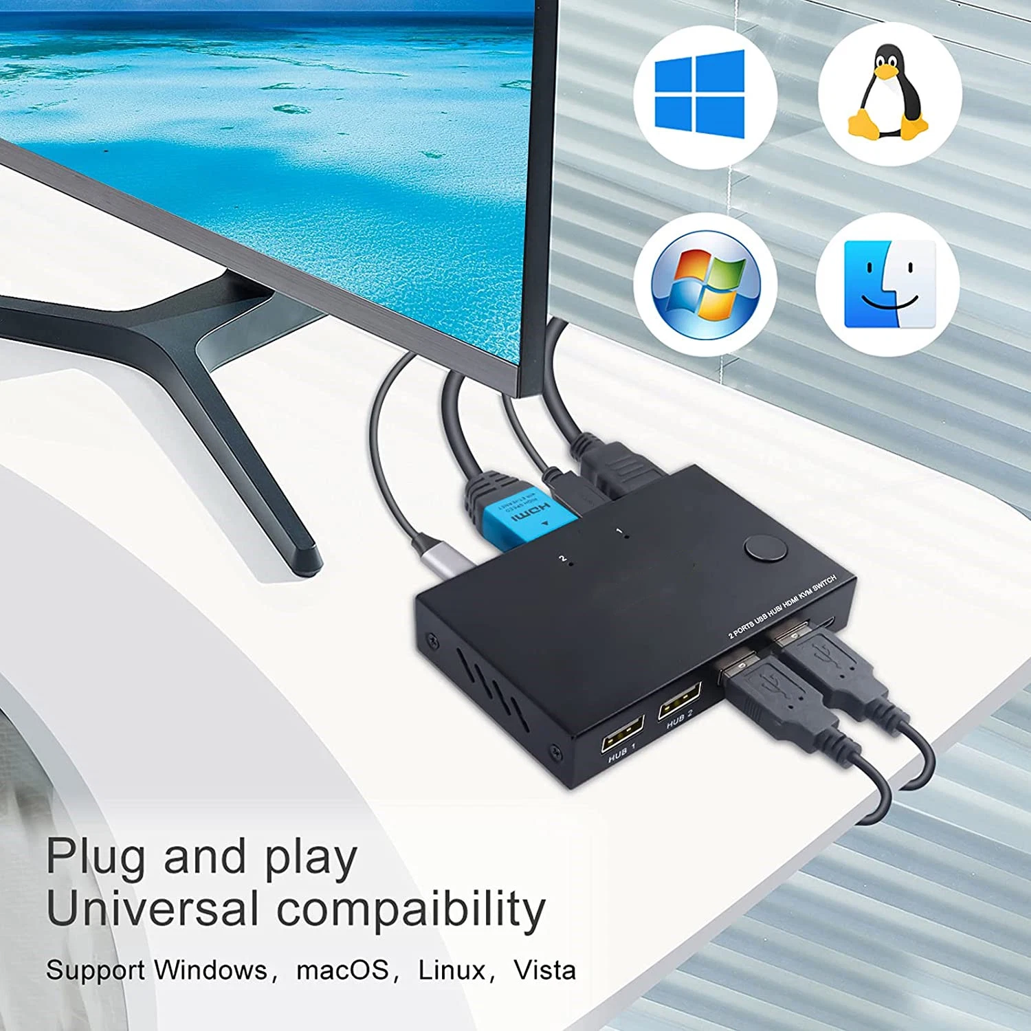 منفذ HDMI 2 لمحول KVM، صندوق تبديل USB، UHD 4K@30 هرتز، 4 محاور USB 2.0، لوحة مفاتيح وماوس لاسلكيين لدعم، كمبيوتر محمول/كمبيوتر شخصي/PS4/Xbox/HDTV متوافق، مع HD