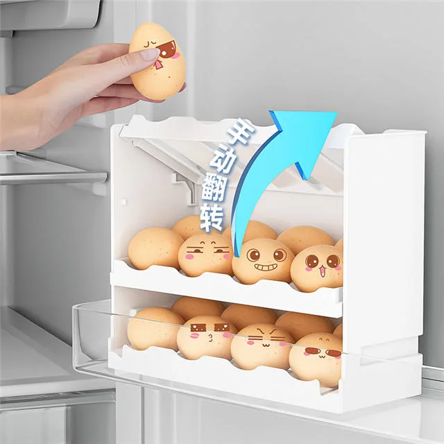 Cocina encimera de 3 capas frescas Flip nevera Contenedor de almacenamiento de huevos de plástico Bandeja para refrigerador