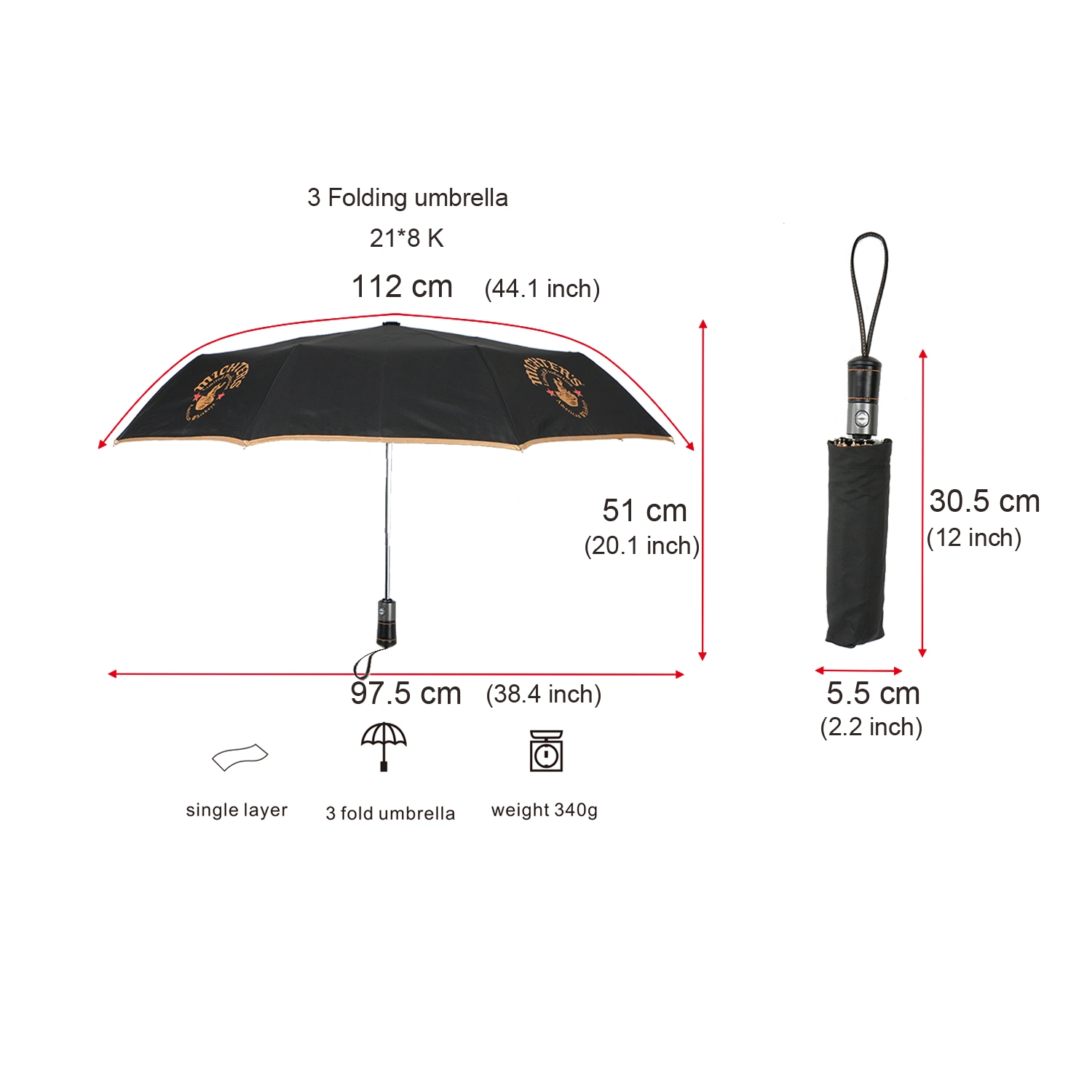 Apertura y cierre automático negro paraguas con mango de cuero