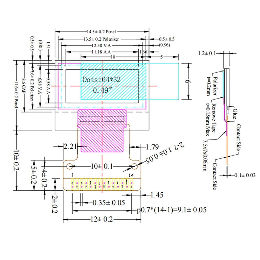 14 Pin 64X32 OLED Module I2c Interface 0.49 Inch LCD Display