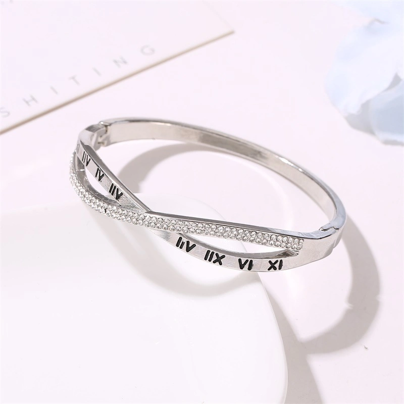 Stainless Steel Bracelet Bangles for Women Roman Numerals Bracelet with Rhinestones Esg14191