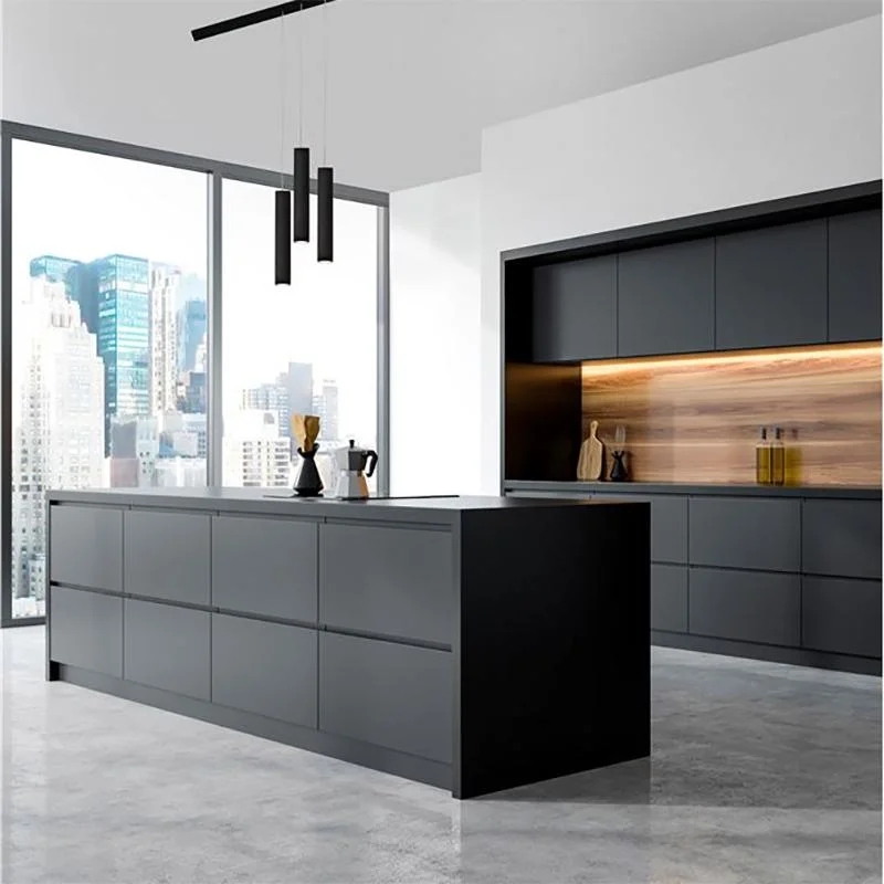 China Supplier High Gloss Luxury Gery Lacquer Kitchen Cabinet Units Set with Discrete LED Lighting