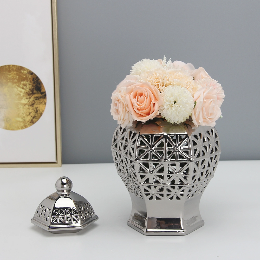 J139 New Design Porcelain Jar Flower Pot Home Decoration Handicraft Hollow out Ceramic Silver Vase for Home Decor