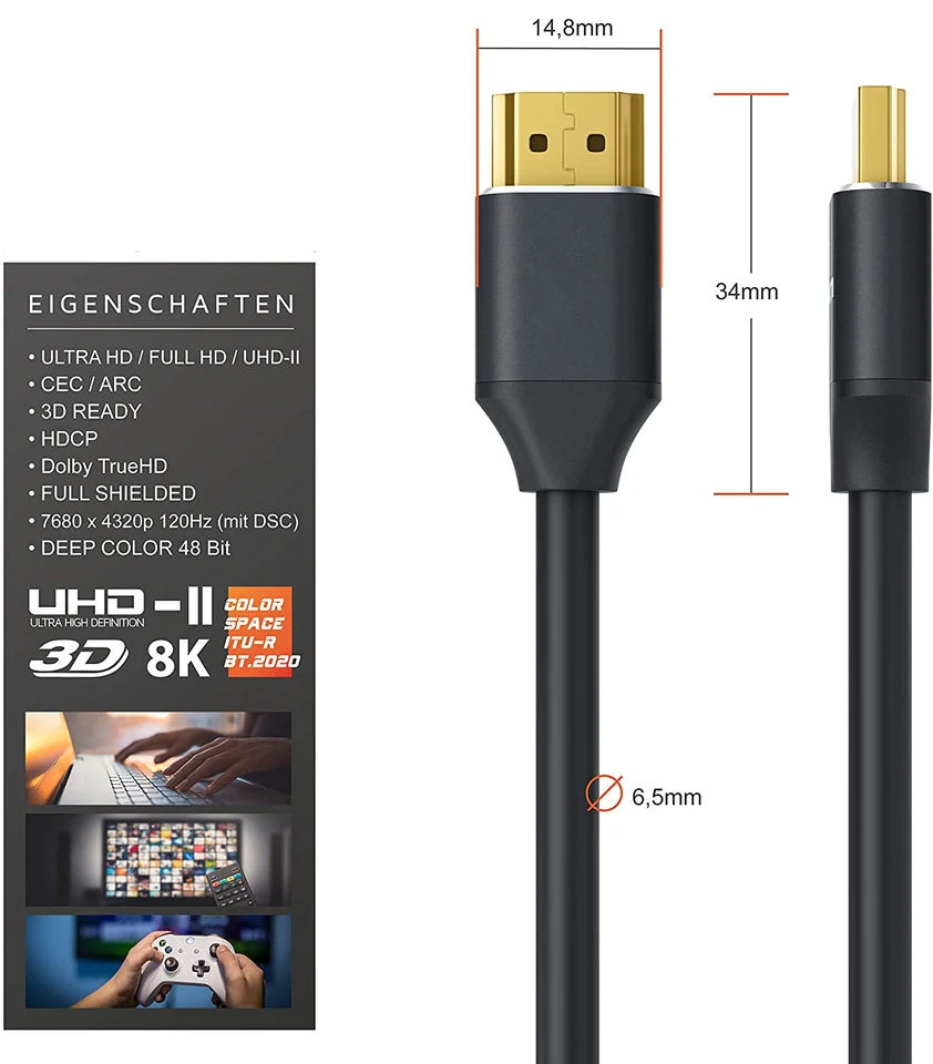 Ultra alta velocidad certificada Cable HDMI a HDMI YUV444 3D 8K@60Hz 4K@120Hz de oro de 48Gbps cable HDMI para PS4