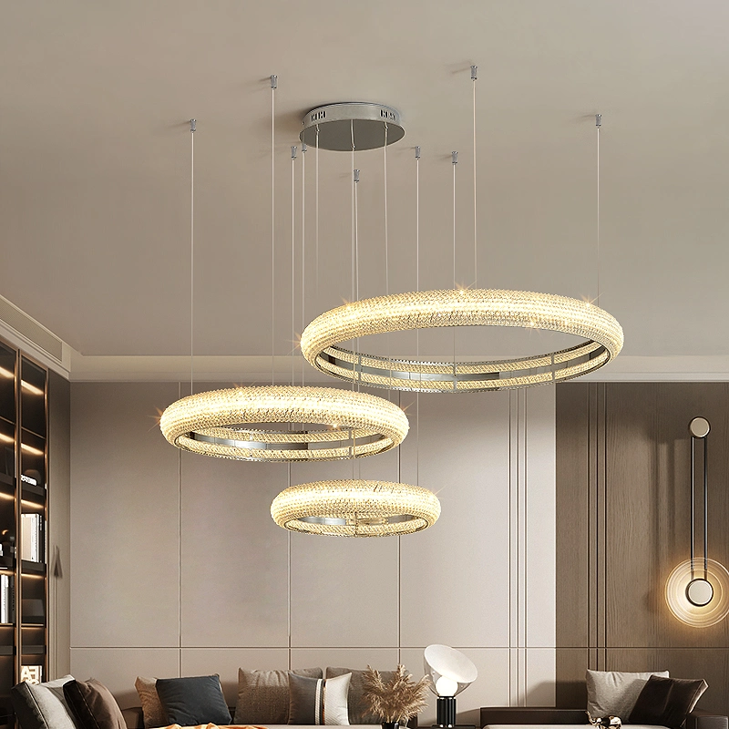 2022 Modern Round Circle Silver Metal Luxury Crystal Ceiling Chandeliers LED Nordic Pendant Lights