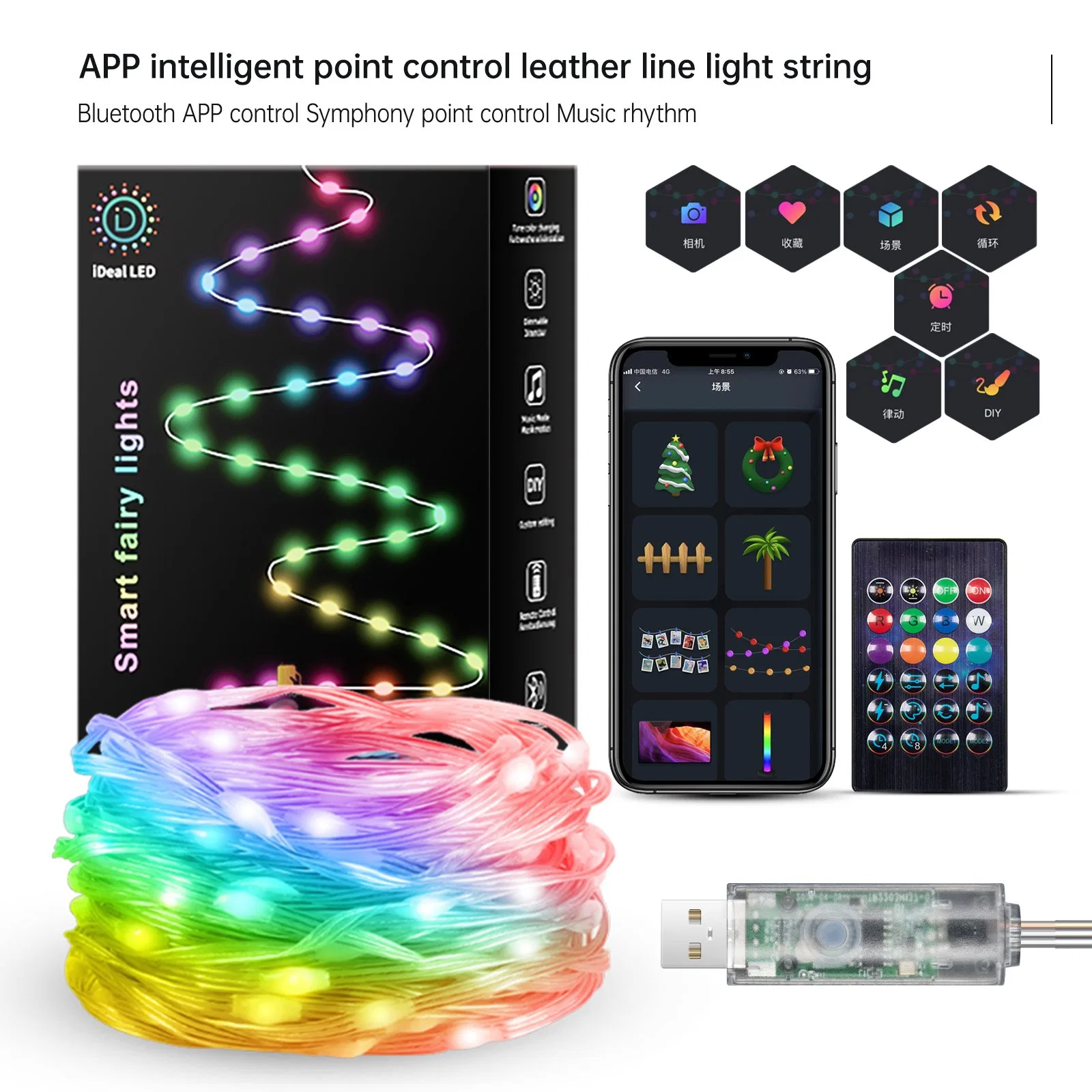 Luces de cuerda de hada inteligente RGB con 33ft USB/Solar/batería caja DIY Twinkle Lights Control remoto y APLICACIÓN sincronización de música para Navidad
