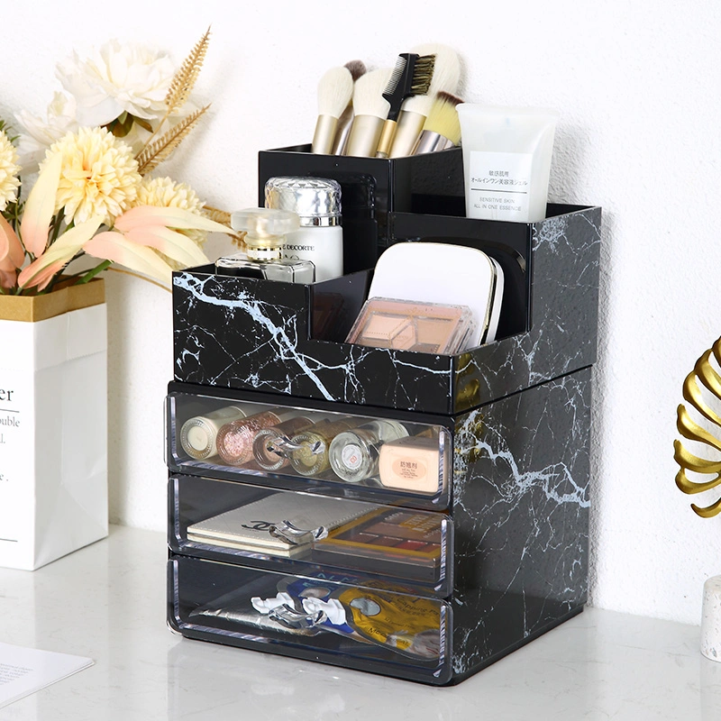 Medium Dresser Cosmetic Case Makeup Organizer Jewelry Boxes with Logo Square Black Marble Plastics Makeup Organizer