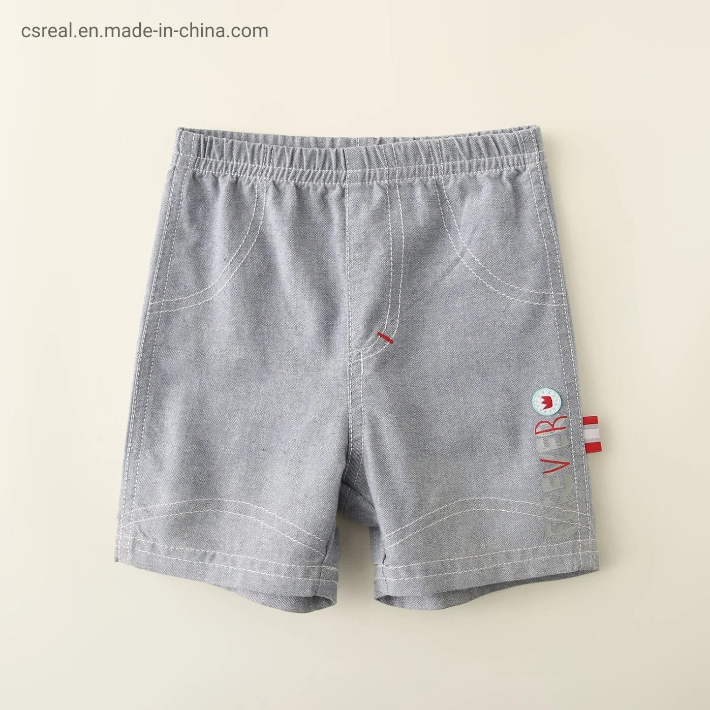 Baby Clothing Light Blue Chambray Short with Print and Embroidery Label