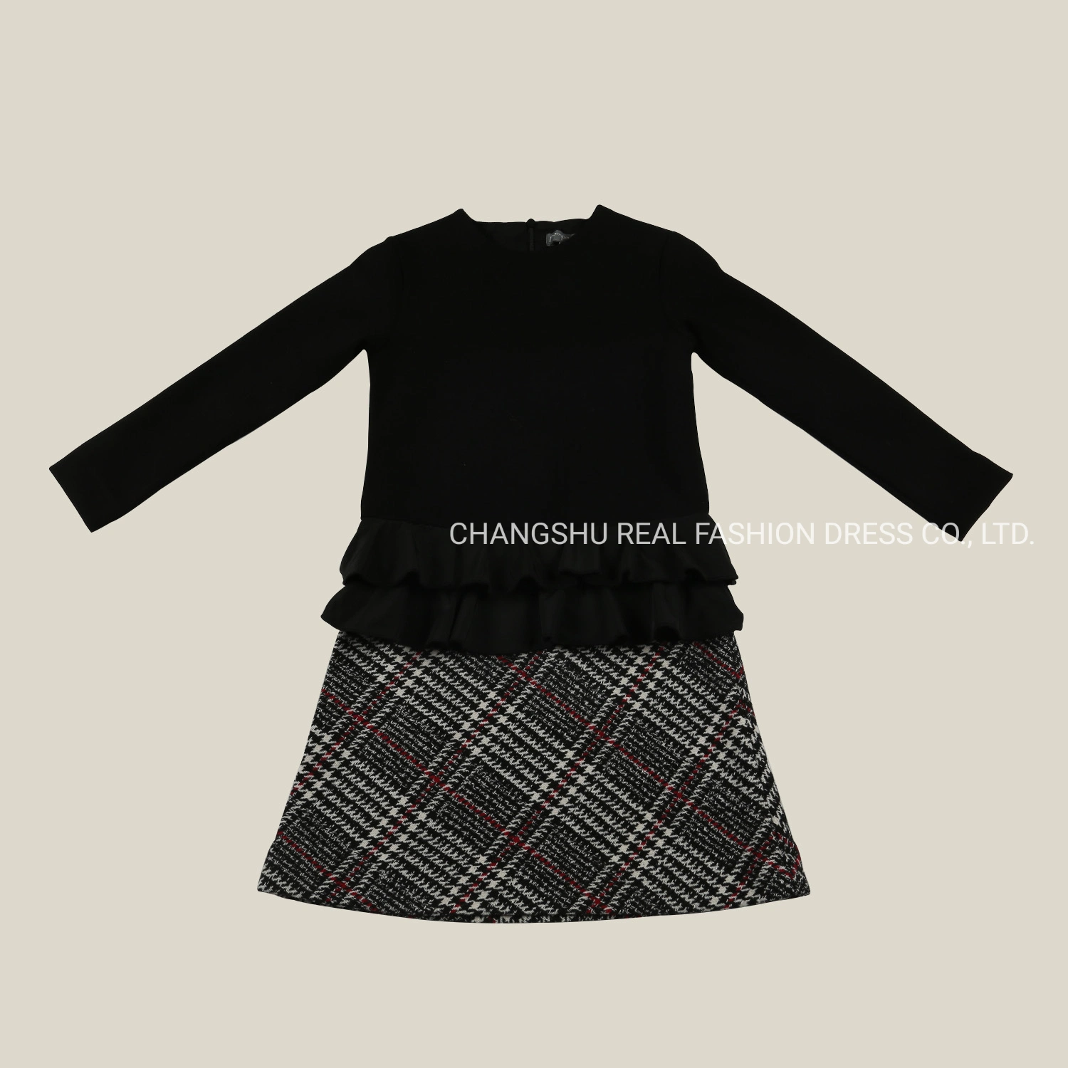 Girl Children Knitted Black Upper and Woven Plaid Dress Clothes with Invisible Zipper