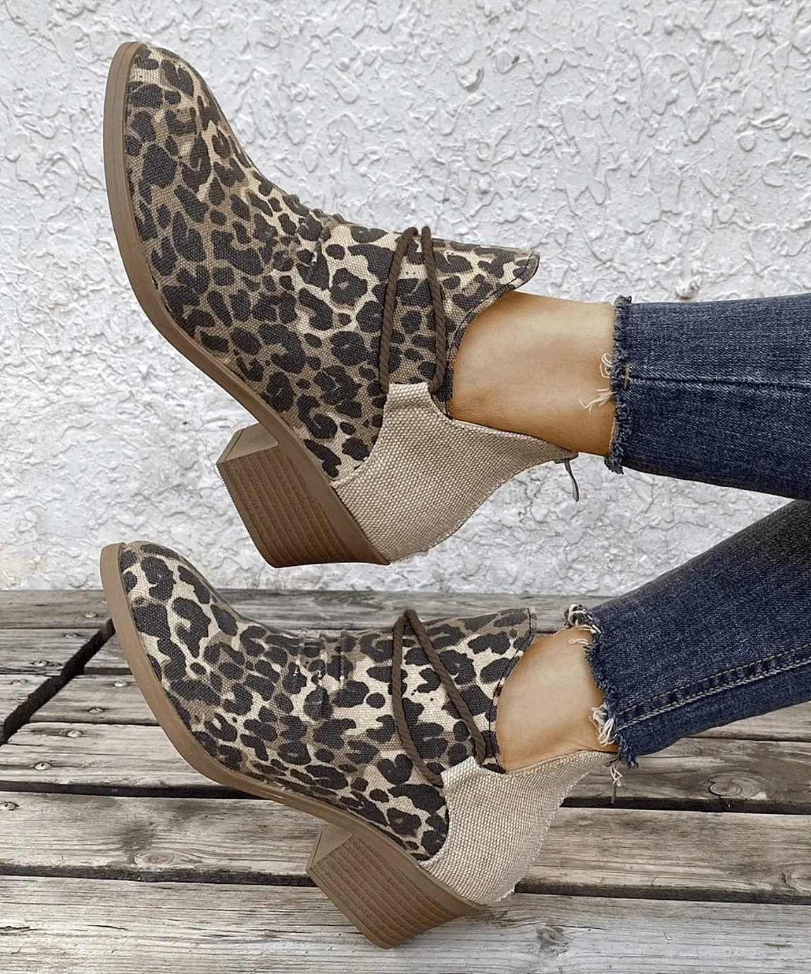 OEM Western Fashion Shoes Dear-Lover Leopard Retro Canvas Patchwork Chunky Heel Boots for Women