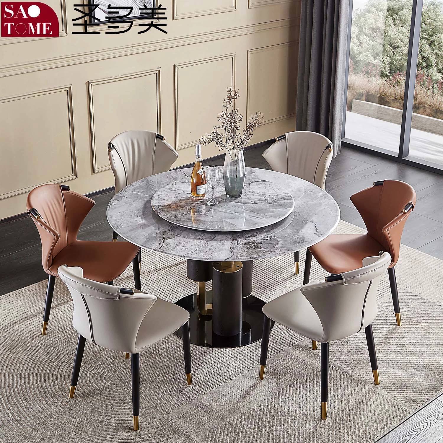 Table à manger ronde en roche/marbre avec chaises pour la maison.