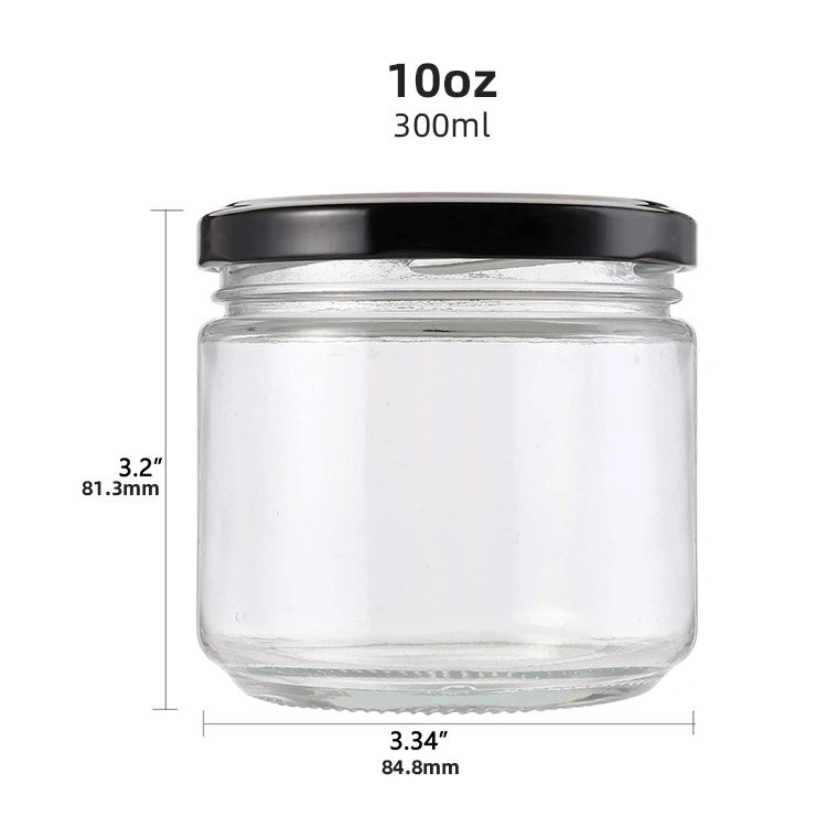 300ml 10oz Wide Mouth Glass Mason Jars Clear Glass Storage Jars Container with Black Metal Lid for Jams Honey Baby Foods Craft Spice Wedding Favors