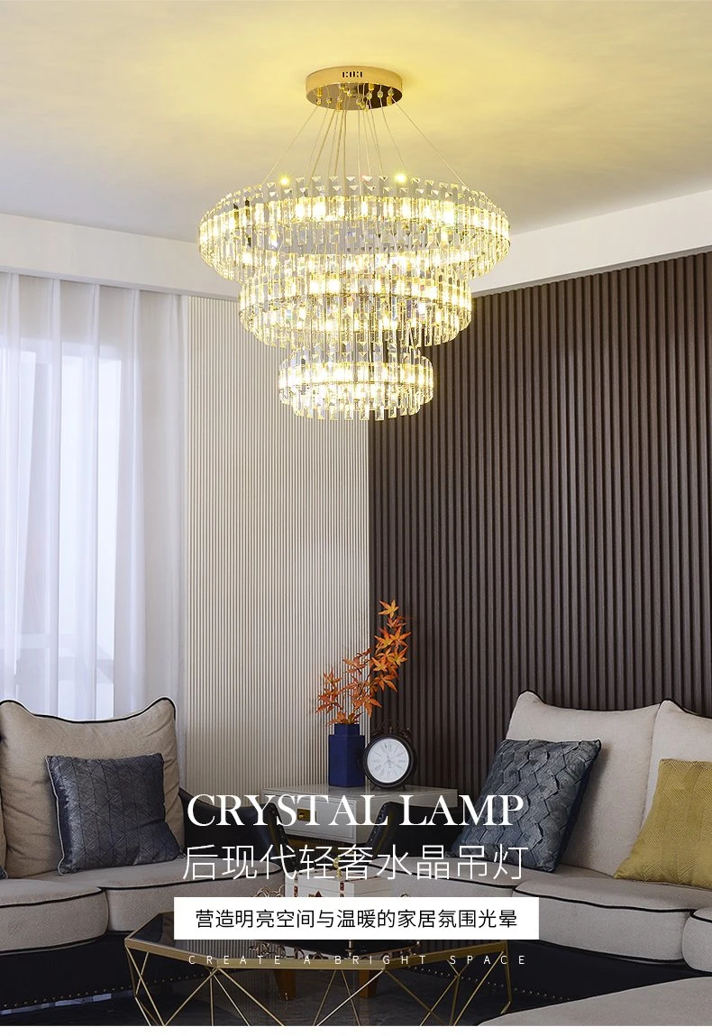 Luxury K9 Prism Crystal Gold Chandelier Hanging Round Light Pendant Fixture