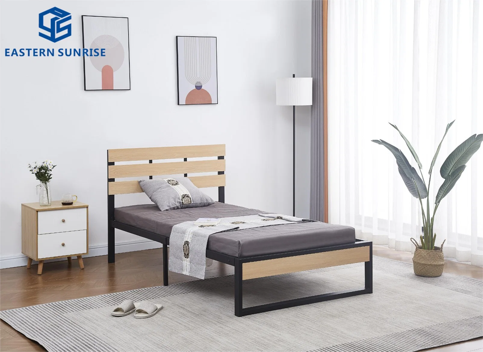 Modern Design Wooden Headboard and Metal Bed Frame Home Steel Bed