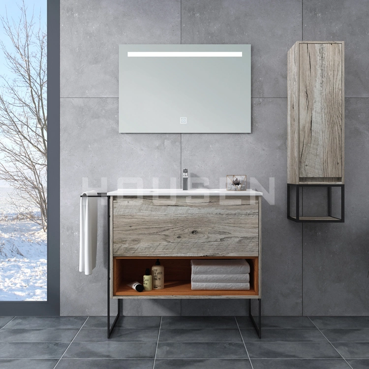 Luxury Nordic Style Black Frame Structure Bathroom Furniture Hotel Homestay Mirami Wood Grain Bathroom Cabinet