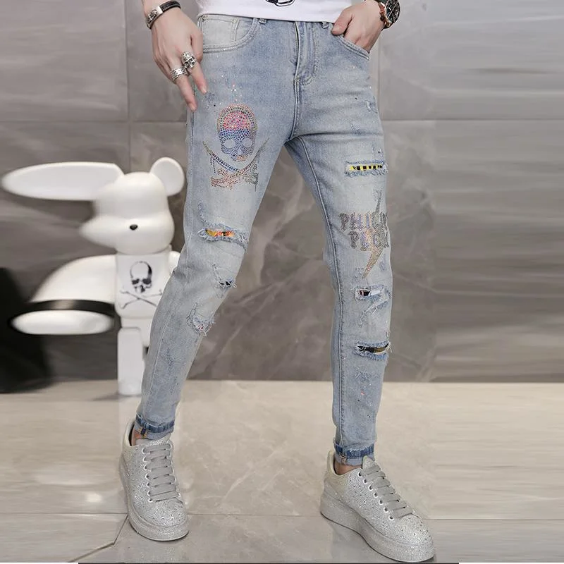Настроить мужчин Ripped пресс для брюк тонкий установите джинсы брюки